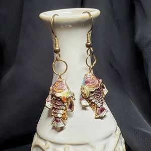 Articulated Multicolored Gold Fish Hooked Earrings